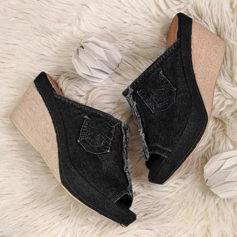 Mules de mujer con cuña y diseño denim – RONELA
