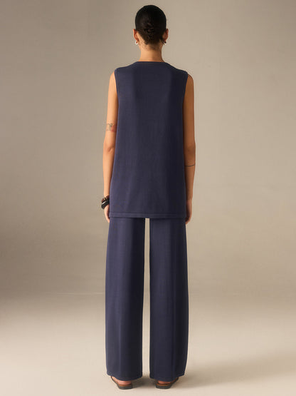 Conjunto de chaleco de punto con botones dorados y pantalones de pierna ancha – LUMINA