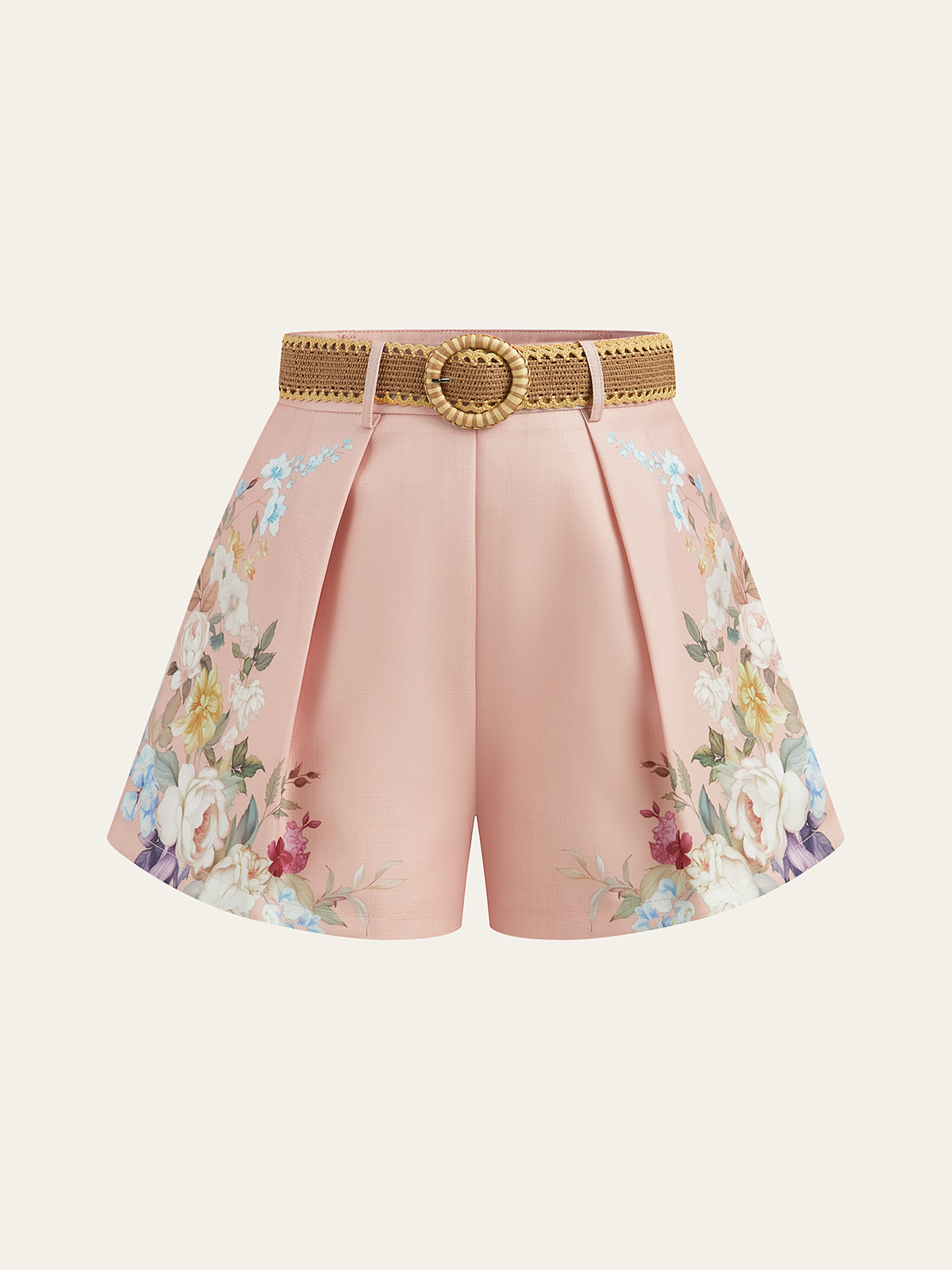 Pantalones cortos de talle alto con cinturón y estampado floral – ARIA