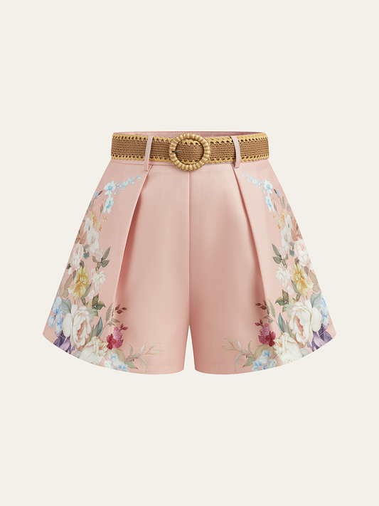 Pantalones cortos de talle alto con cinturón y estampado floral – ARIA