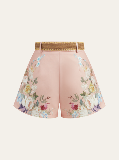 Pantalones cortos de talle alto con cinturón y estampado floral – ARIA