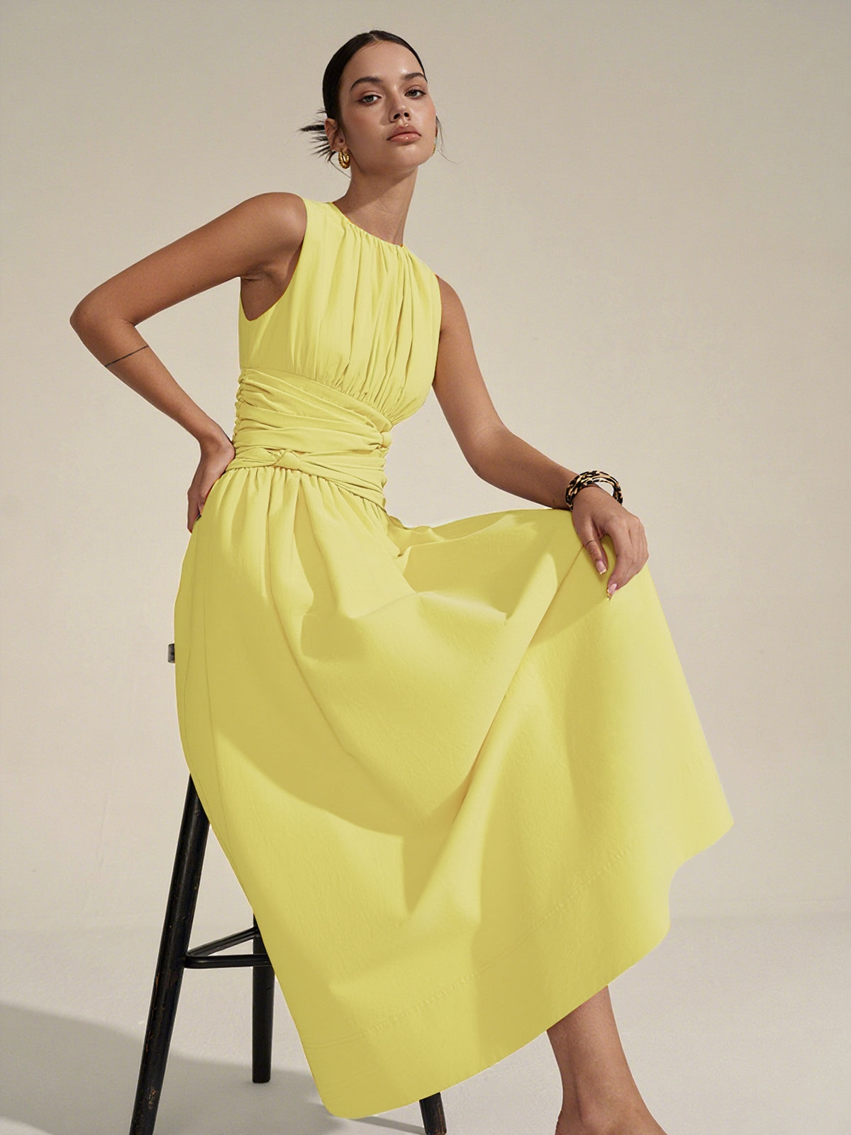 Vestido largo con cintura fruncida – LUXIA