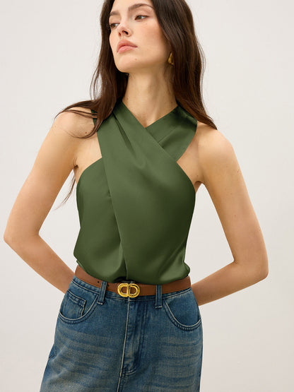 Top sin mangas de satén con cuello cruzado – LUXIA