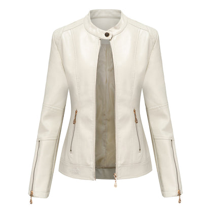 FENNA – Chaqueta de cuero elegante con cuello redondo y cierre de botones para mujer