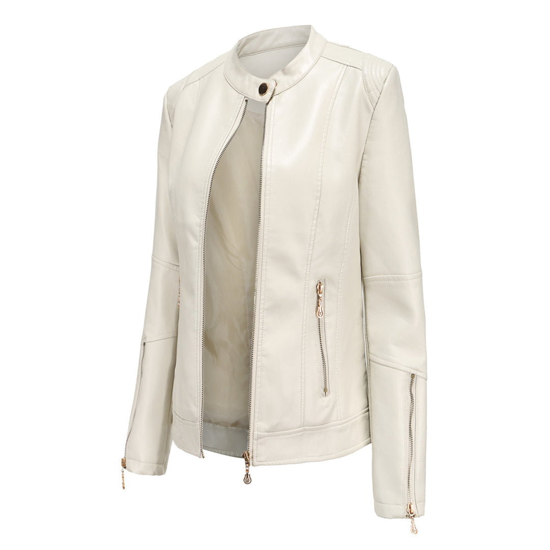 FENNA – Chaqueta de cuero elegante con cuello redondo y cierre de botones para mujer