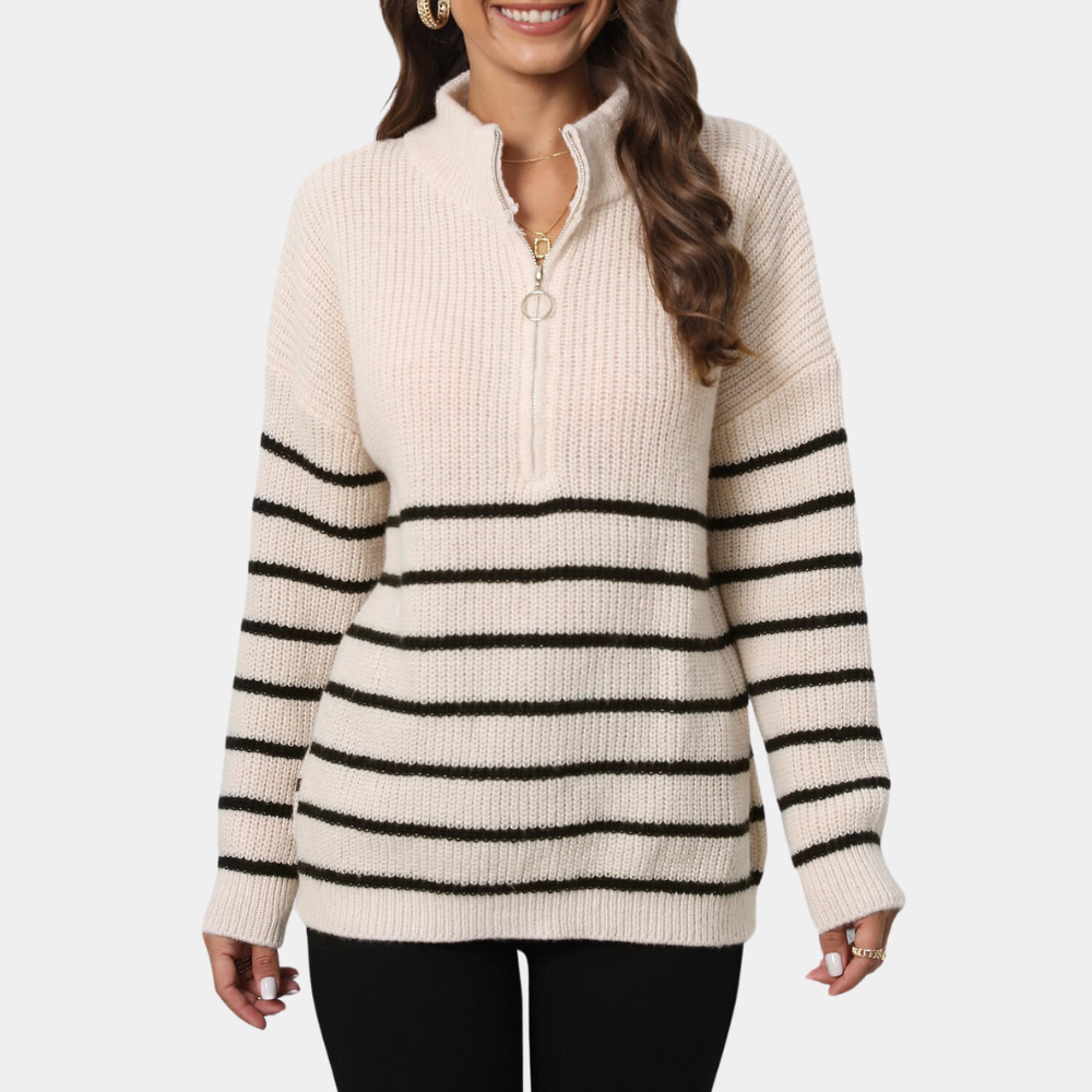 LINA - Suéter casual de rayas con media cremallera para mujer