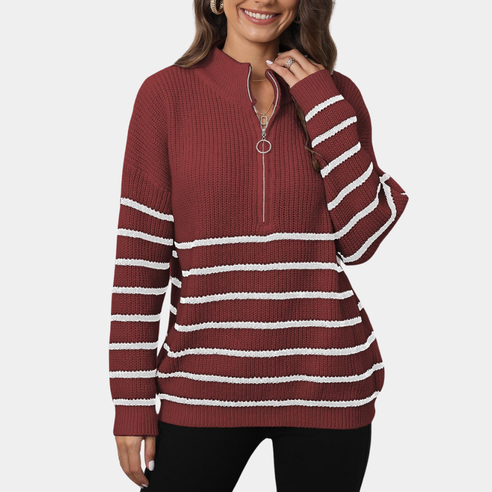 LINA - Suéter casual de rayas con media cremallera para mujer