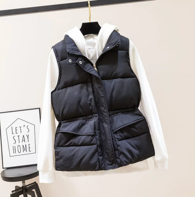 Hannah - Chaleco sin mangas de color sólido de invierno y cuello levantado con cremallera y bolsillos para mujer Negro