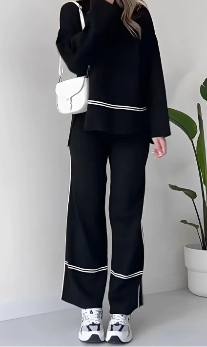 Ivet - Conjunto Holgado de Dos Piezas Sueter y Pantalon Traje Con Diseño Cómodo con Top Informal de Color Liso Primavera Verano Para Mujer Negro