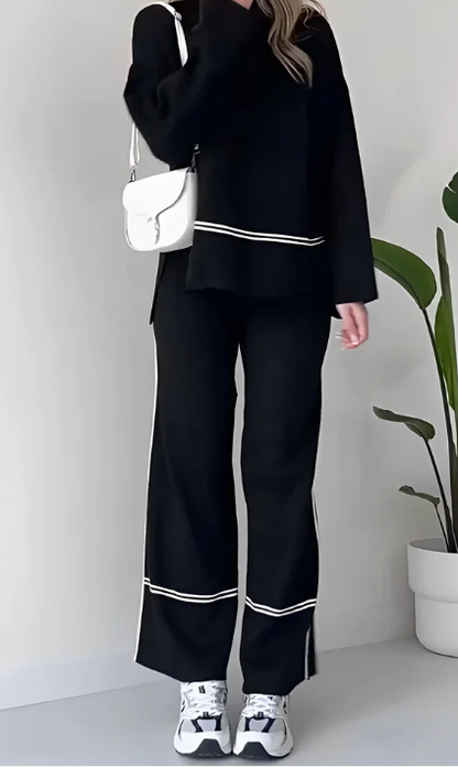 Ivet - Conjunto Holgado de Dos Piezas Sueter y Pantalon Traje Con Diseño Cómodo con Top Informal de Color Liso Primavera Verano Para Mujer Negro