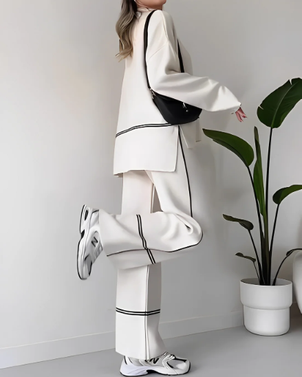 Ivet - Conjunto Holgado de Dos Piezas Sueter y Pantalon Traje Con Diseño Cómodo con Top Informal de Color Liso Primavera Verano Para Mujer Blanco