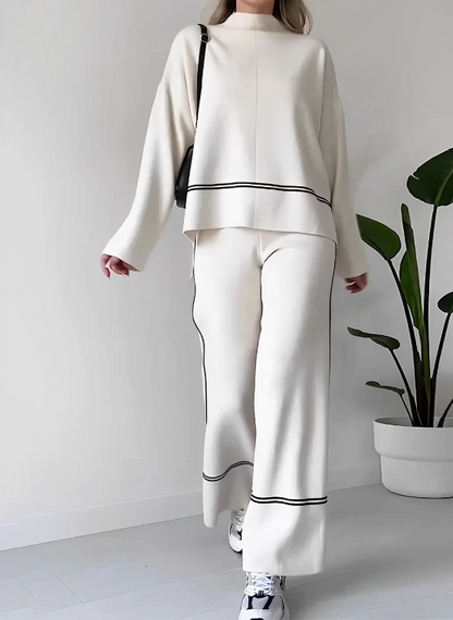 Ivet - Conjunto Holgado de Dos Piezas Sueter y Pantalon Traje Con Diseño Cómodo con Top Informal de Color Liso Primavera Verano Para Mujer