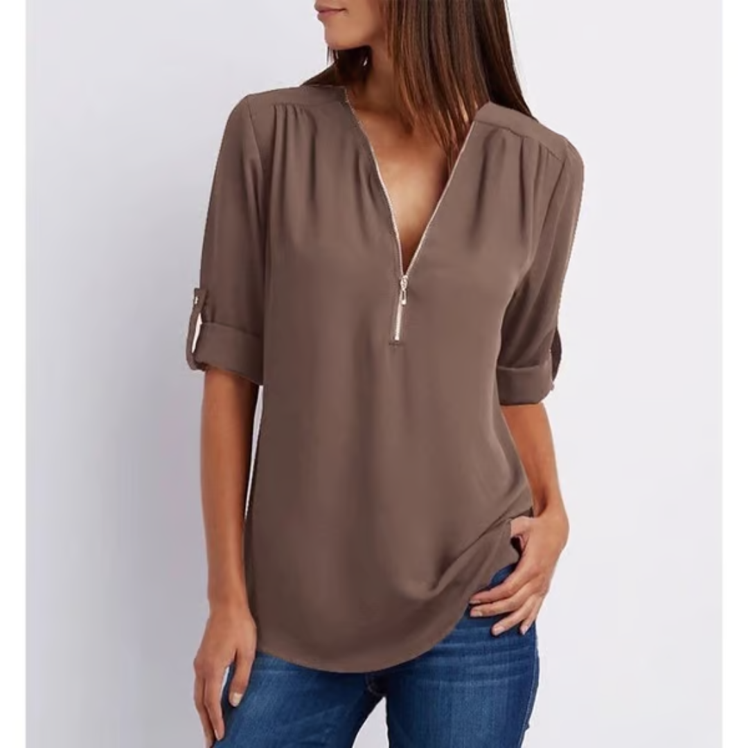 Blusa amplia con cremallera y mangas 3/4 para mujer en tallas grandes – OLIVIA
