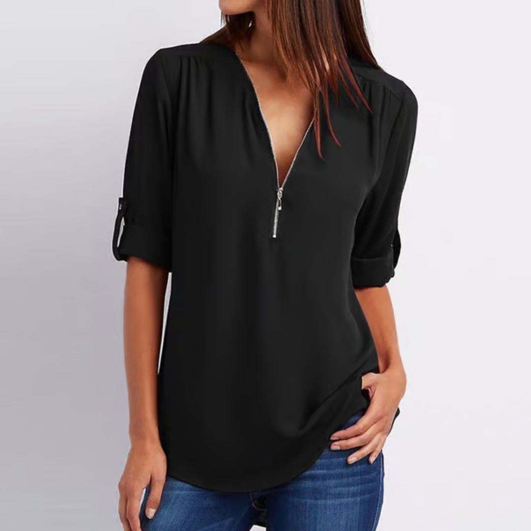 Blusa amplia con cremallera y mangas 3/4 para mujer en tallas grandes – OLIVIA