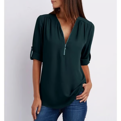 Blusa amplia con cremallera y mangas 3/4 para mujer en tallas grandes – OLIVIA