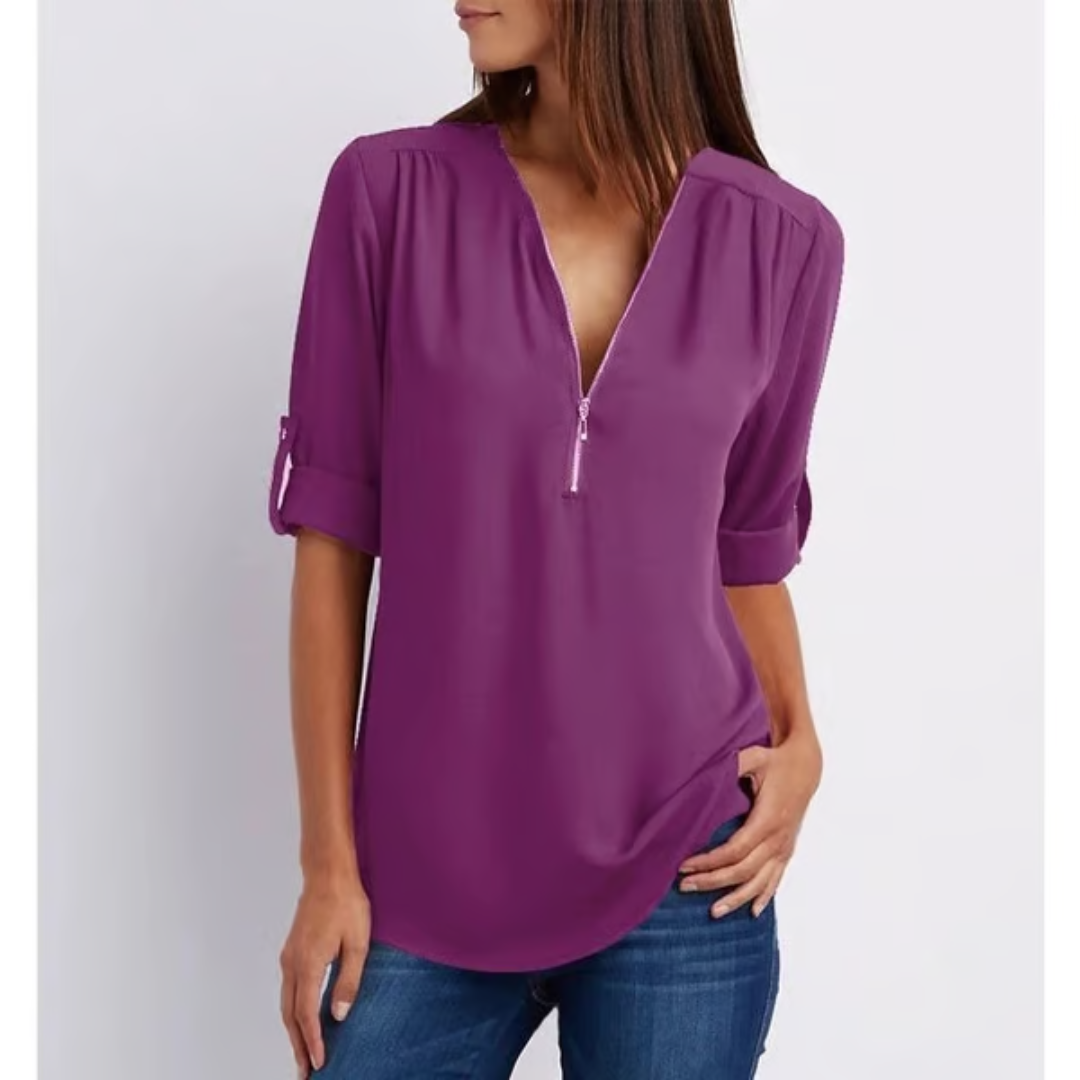 Blusa amplia con cremallera y mangas 3/4 para mujer en tallas grandes – OLIVIA