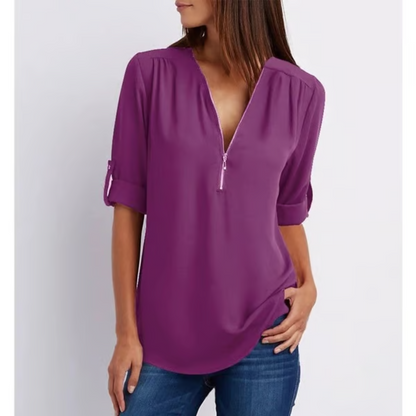 Blusa amplia con cremallera y mangas 3/4 para mujer en tallas grandes – OLIVIA