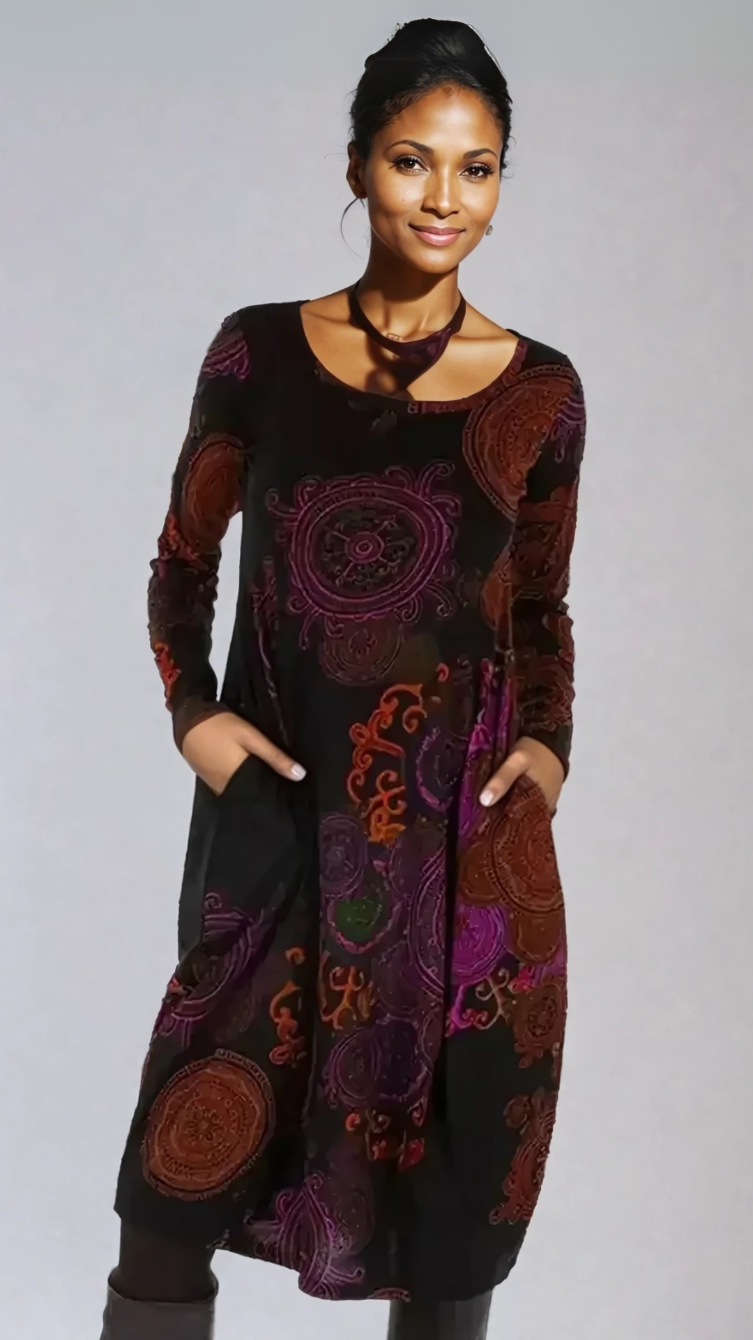 Vestido bohemio midi con mangas largas y estampado único – SIENNA