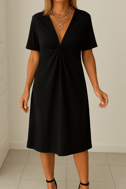 Vestido midi con detalle drapeado, escote en V y manga corta – AURESSA