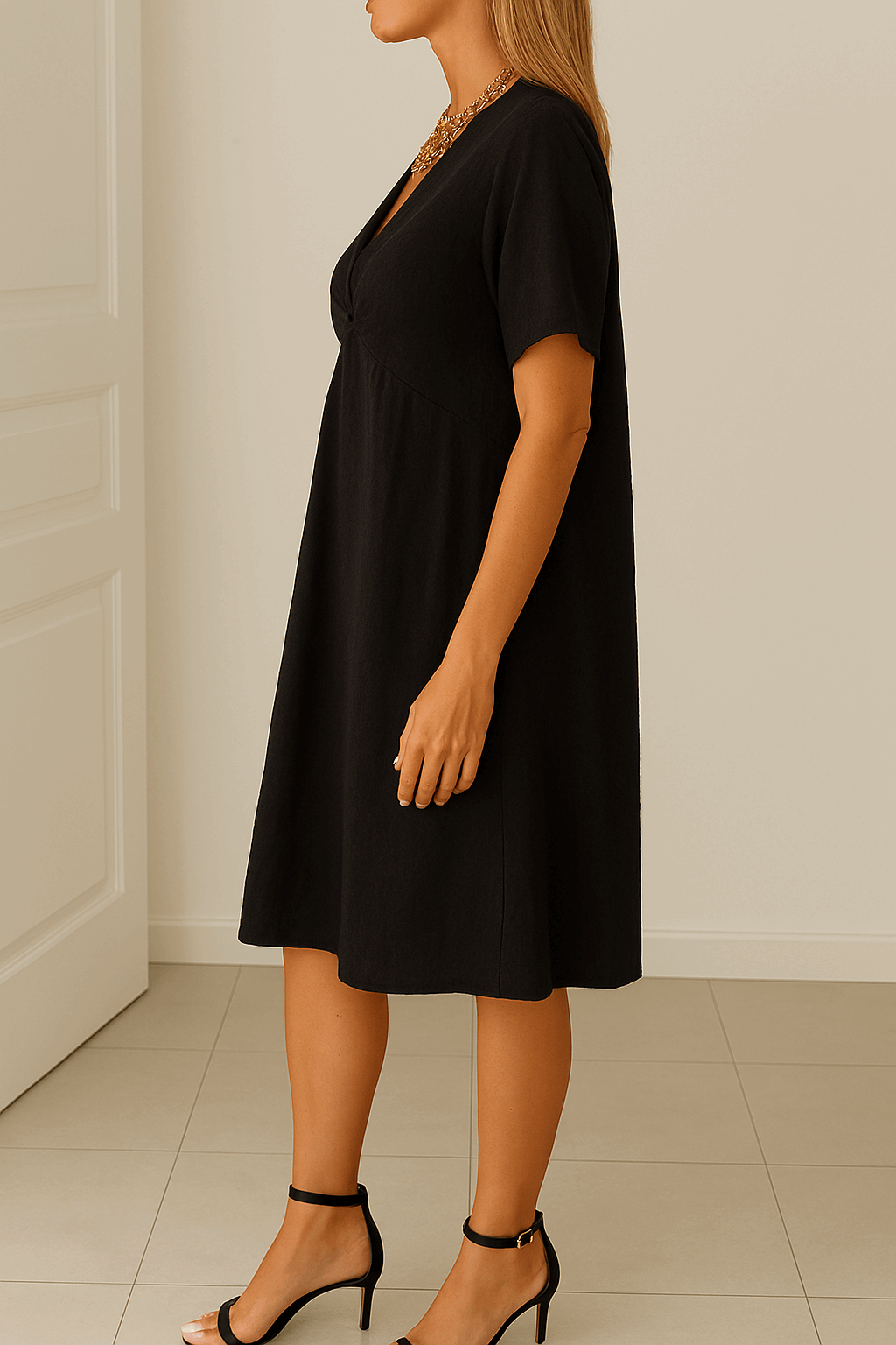 Vestido midi con detalle drapeado, escote en V y manga corta – AURESSA