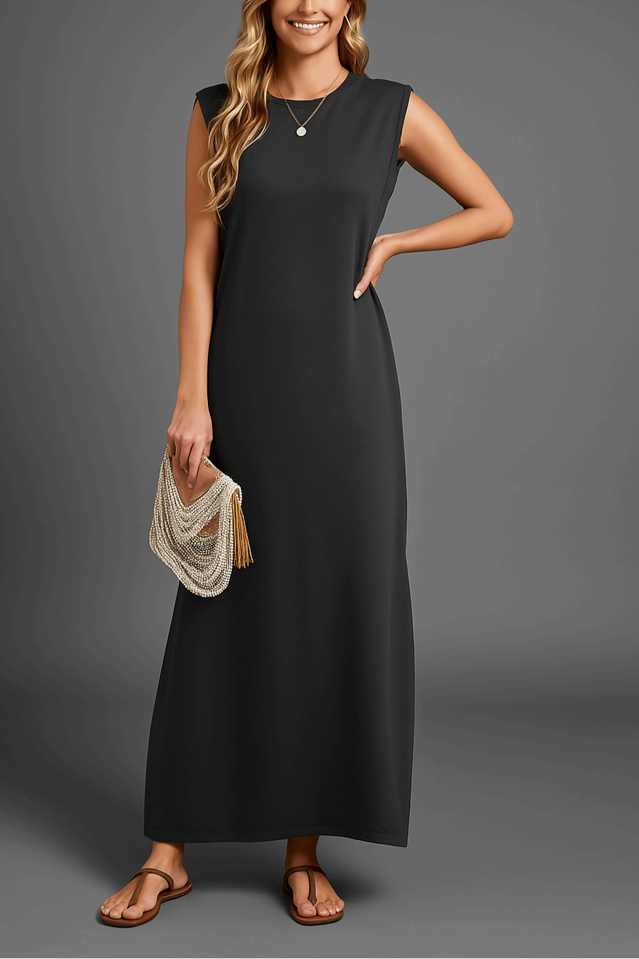 Vestido largo sin mangas con escote suave y corte fluido – ROMELIA