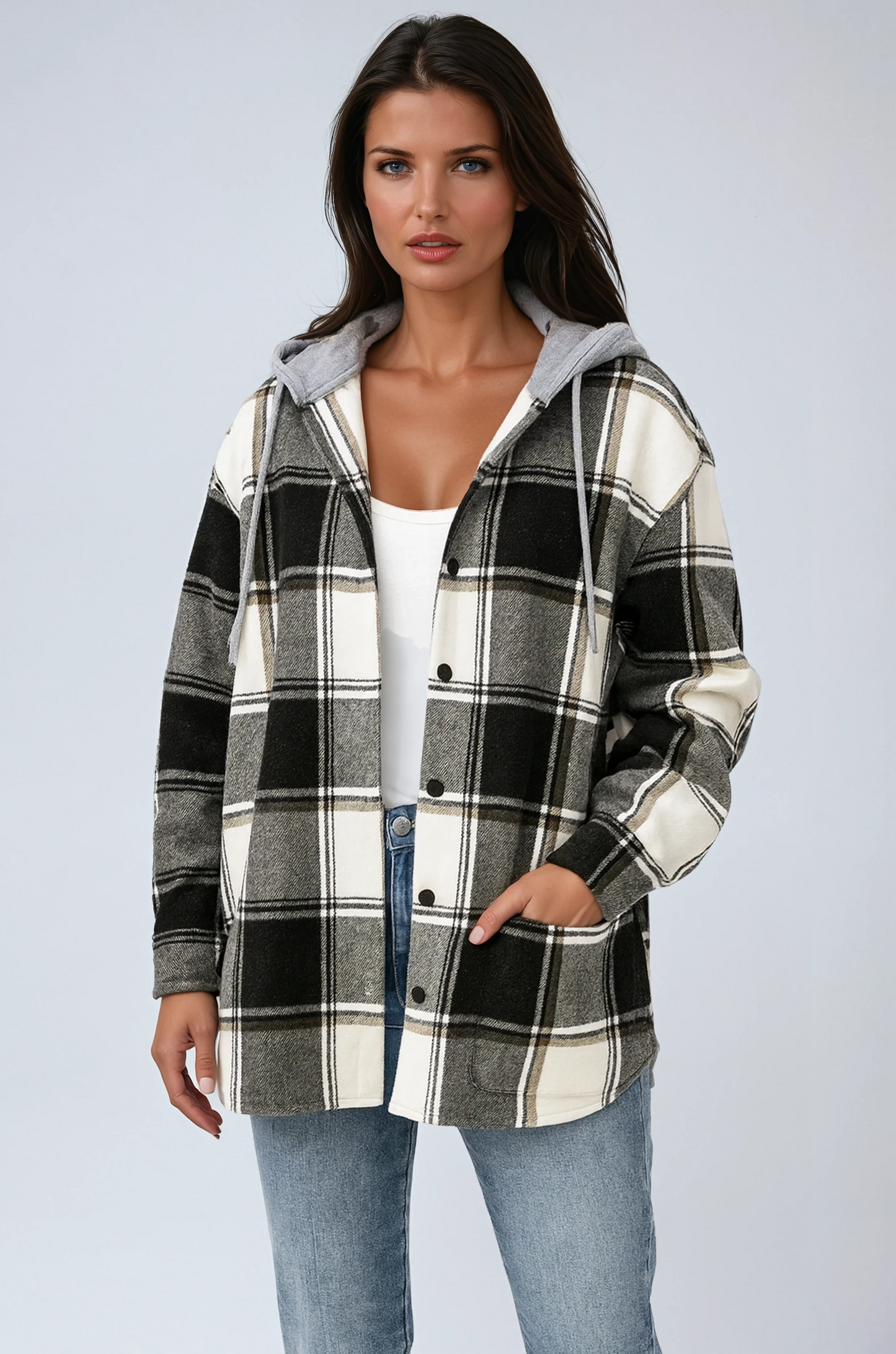 Chaqueta de mujer con estampado de cuadros y capucha – SUZARA