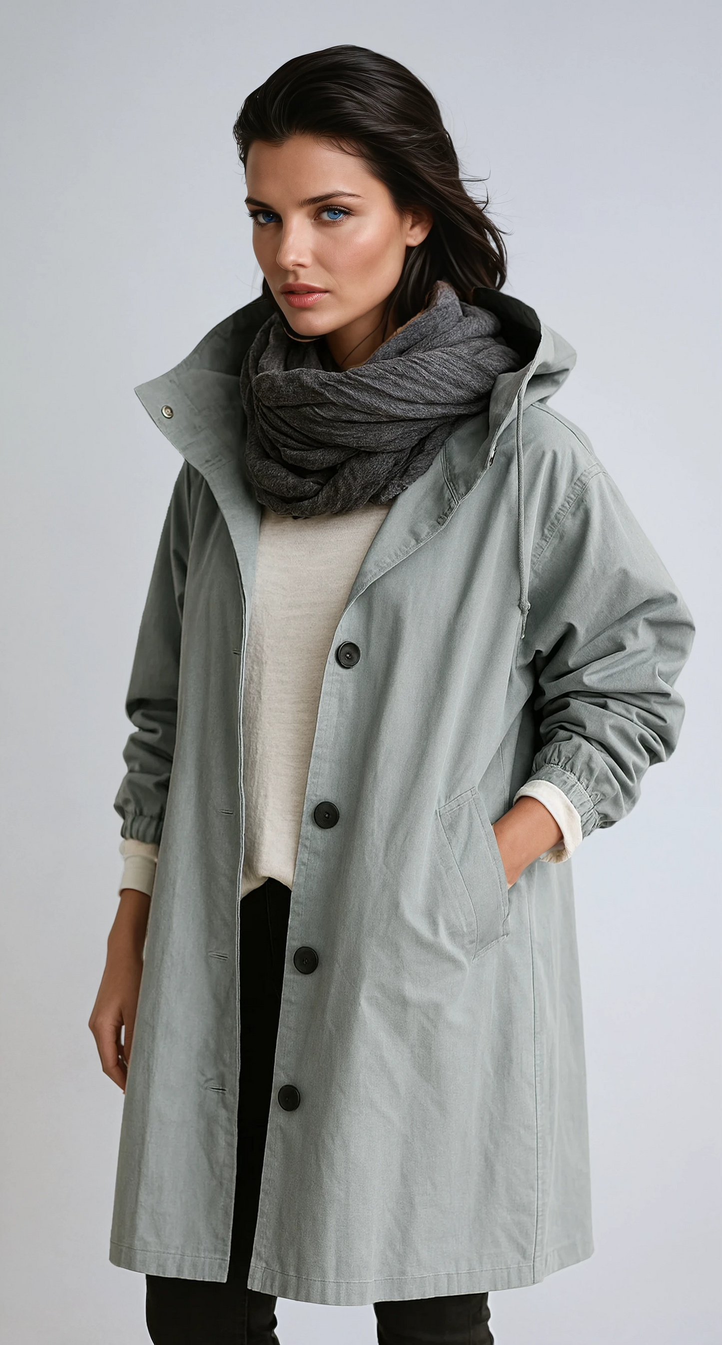 Abrigo largo de mujer con capucha y cierre de botones – LOREA