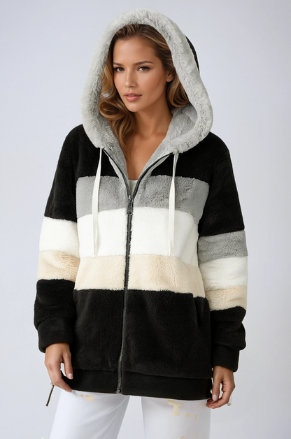 Abrigo de peluche para mujer con capucha y diseño a rayas – SELVINA