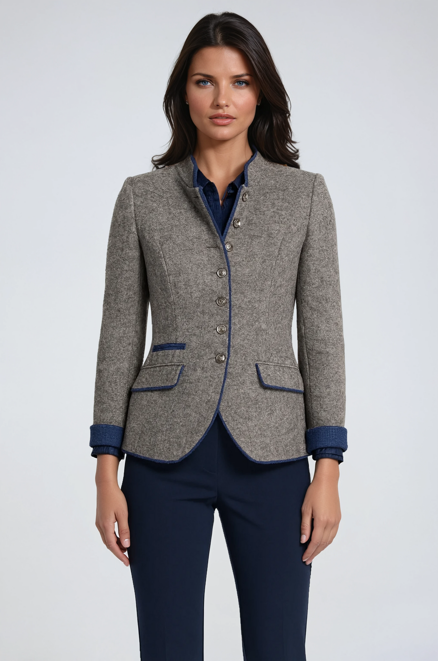Blazer tipo chaqueta para mujer con cuello alto y botones decorativos – AMELIA