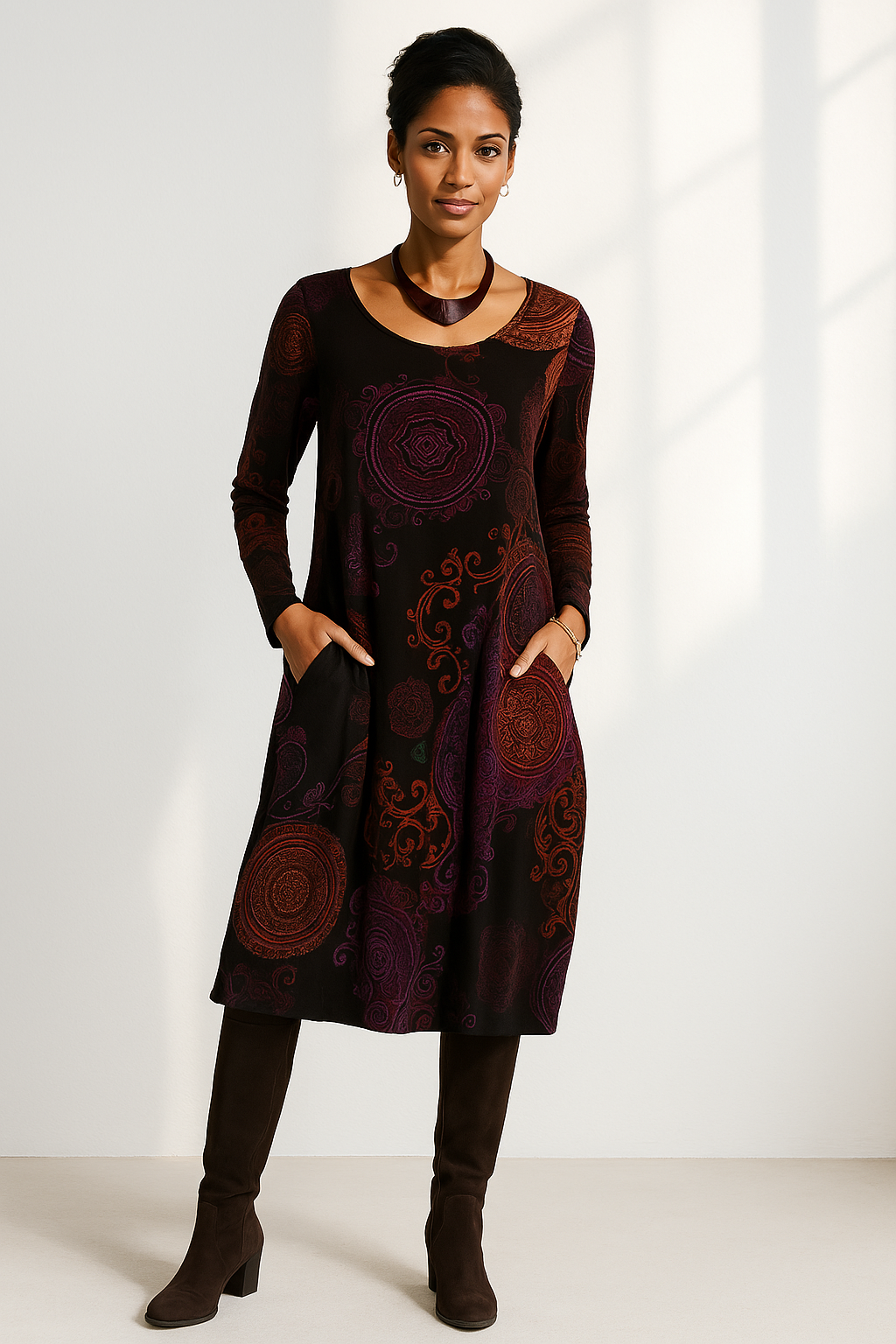 Vestido bohemio midi con mangas largas y estampado único – SIENNA