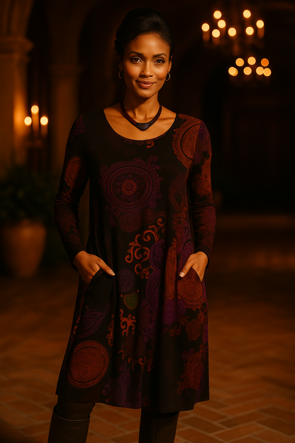 Vestido bohemio midi con mangas largas y estampado único – SIENNA