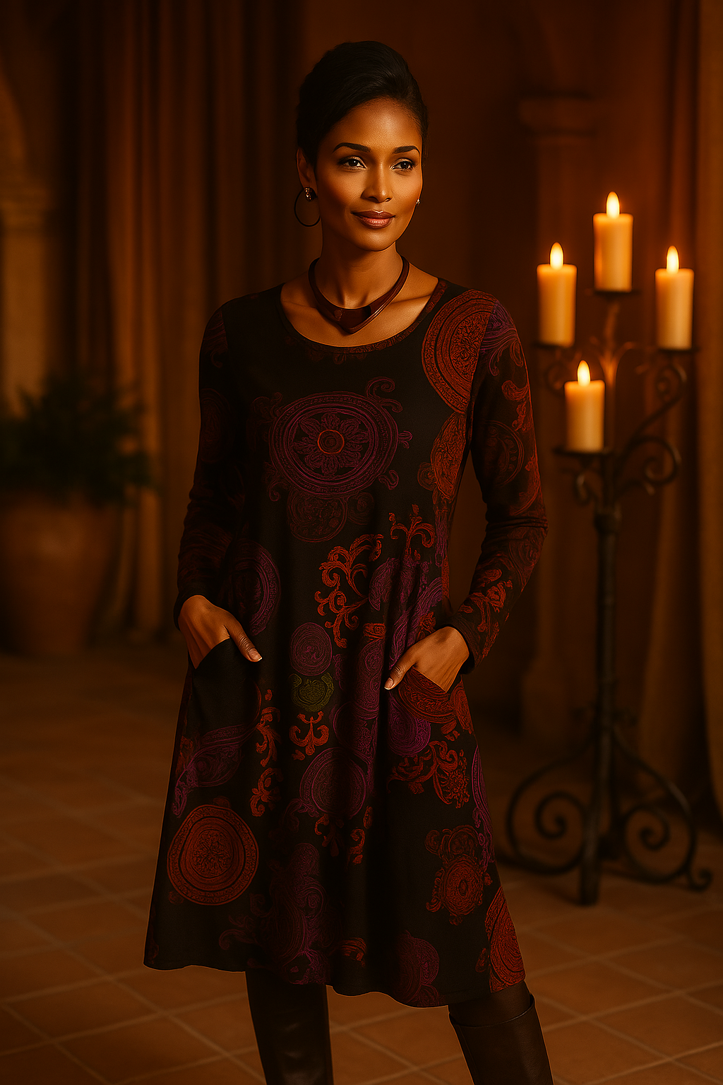 Vestido bohemio midi con mangas largas y estampado único – SIENNA