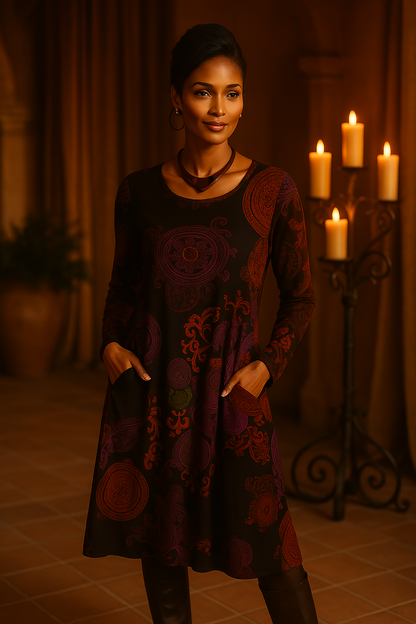 Vestido bohemio midi con mangas largas y estampado único – SIENNA