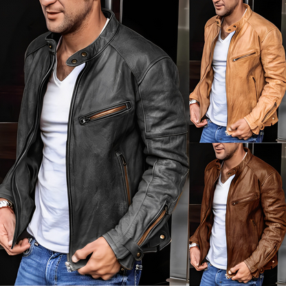 NIANDER - Chaqueta de cuero con múltiples bolsillos con cremallera para hombre