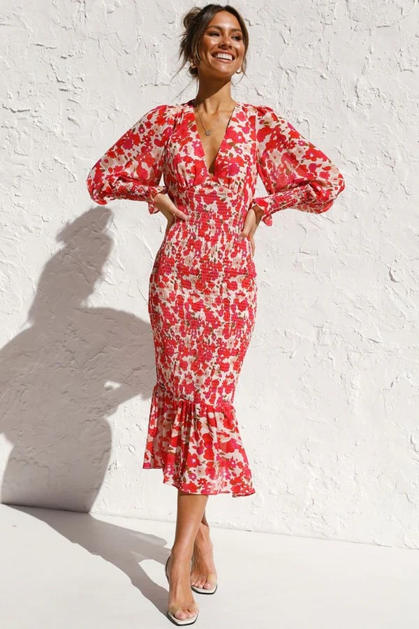 Vestido midi con flores y mangas anchas para mujer – YSA