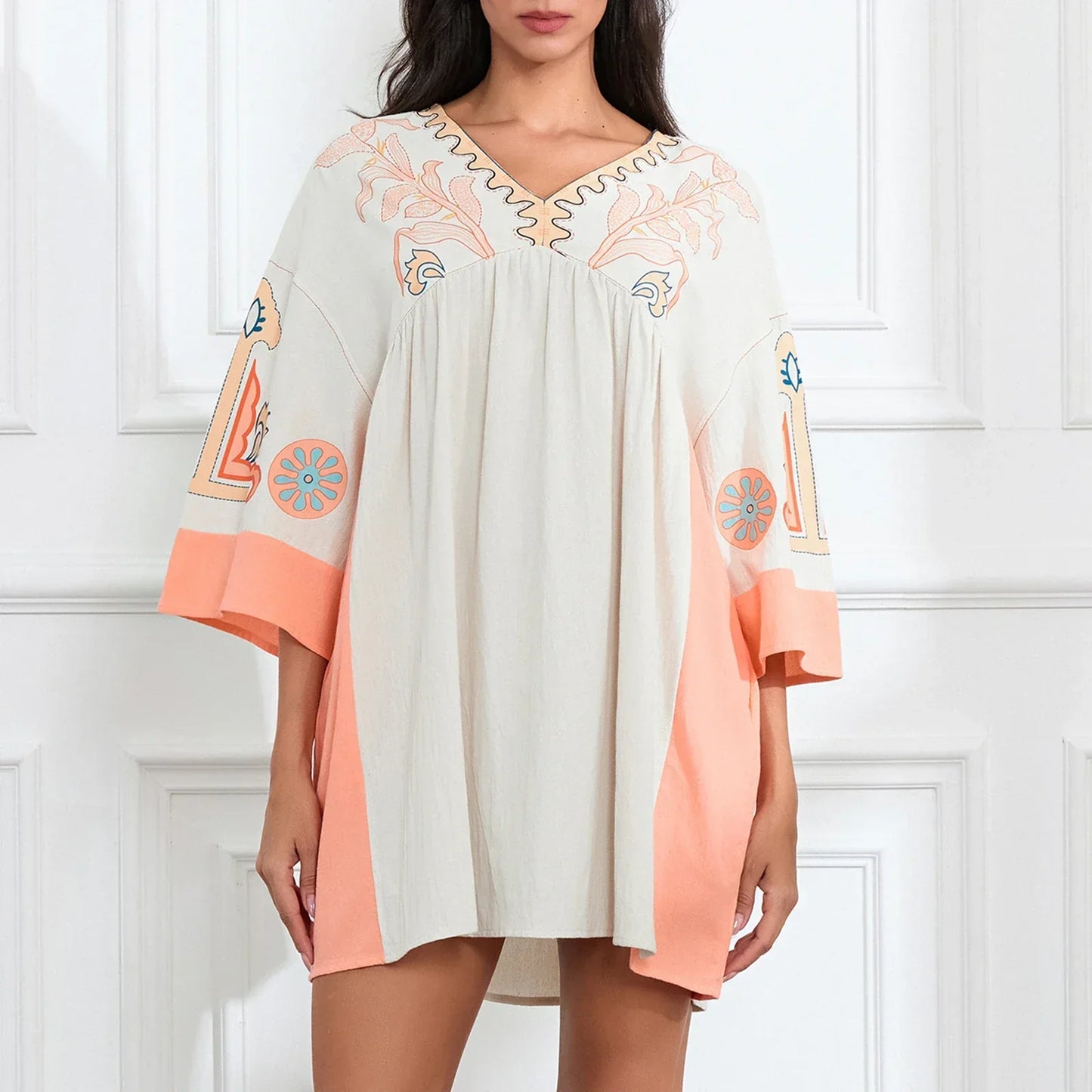 Vestido tipo túnica de mujer con escote en V y bordados decorativos – MABRIELA