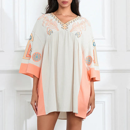 Vestido tipo túnica de mujer con escote en V y bordados decorativos – MABRIELA