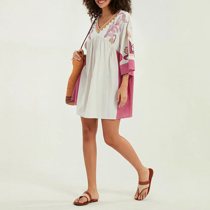 Vestido tipo túnica de mujer con escote en V y bordados decorativos – MABRIELA