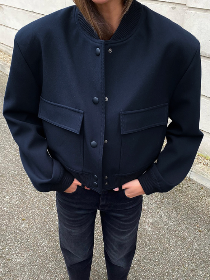 Eleanor - Chaqueta corta manga larga con botones y hombros acolchados con bolsillo con solapa para mujer