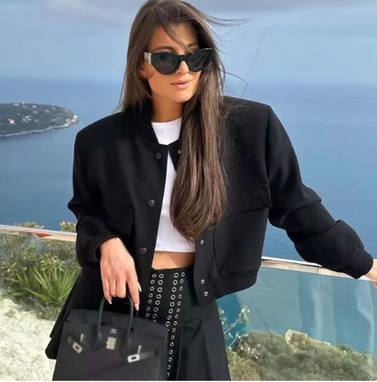 Eleanor - Chaqueta corta manga larga con botones y hombros acolchados con bolsillo con solapa para mujer