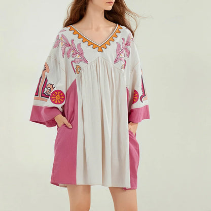 Vestido tipo túnica de mujer con escote en V y bordados decorativos – MABRIELA