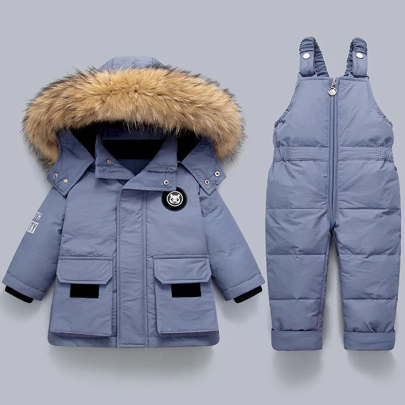 LUKA - Conjunto de invierno para niños con capucha de piel sintética y mono de esquí para niños y niñas