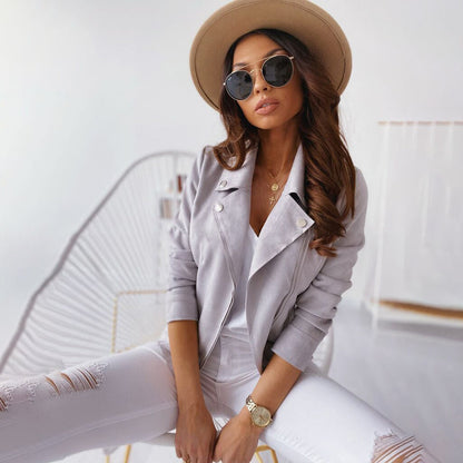 ISLA - Chaqueta moderna con botones y corte en ante vegano para mujer