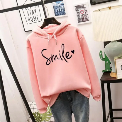 Sudadera de mujer con capucha y estampado sonriente – AVALEA