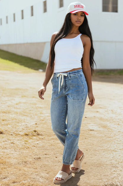 NOELLEA – Jogger vaquero para mujer con cintura elástica y cordón ajustable