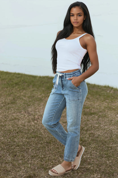 NOELLEA – Jogger vaquero para mujer con cintura elástica y cordón ajustable