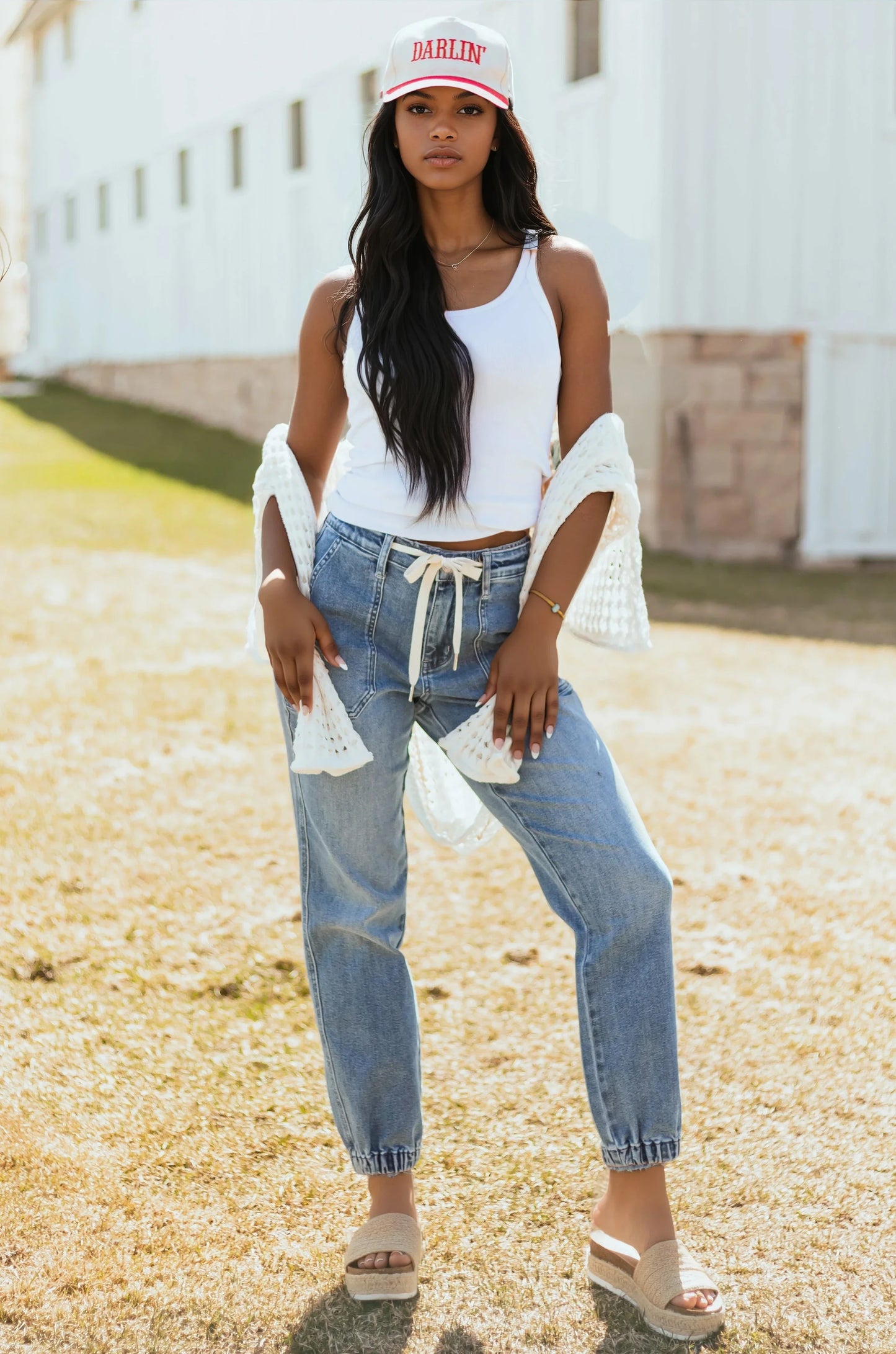 NOELLEA – Jogger vaquero para mujer con cintura elástica y cordón ajustable