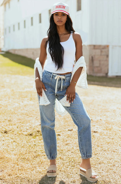 NOELLEA – Jogger vaquero para mujer con cintura elástica y cordón ajustable