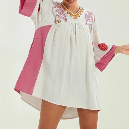 Vestido tipo túnica de mujer con escote en V y bordados decorativos – MABRIELA