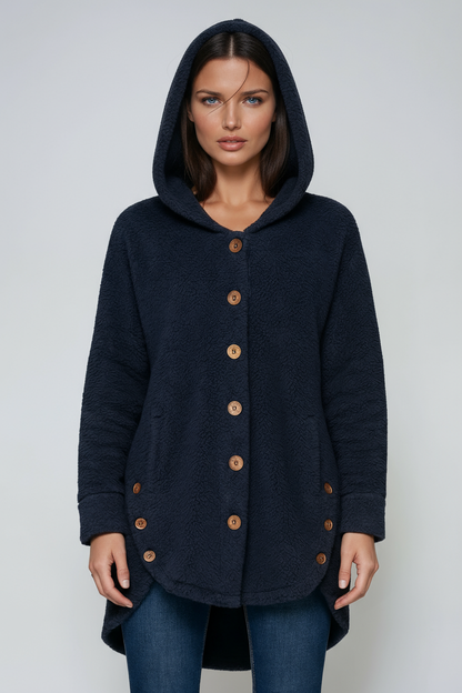 Abrigo de peluche para mujer con capucha y botones – LURENA